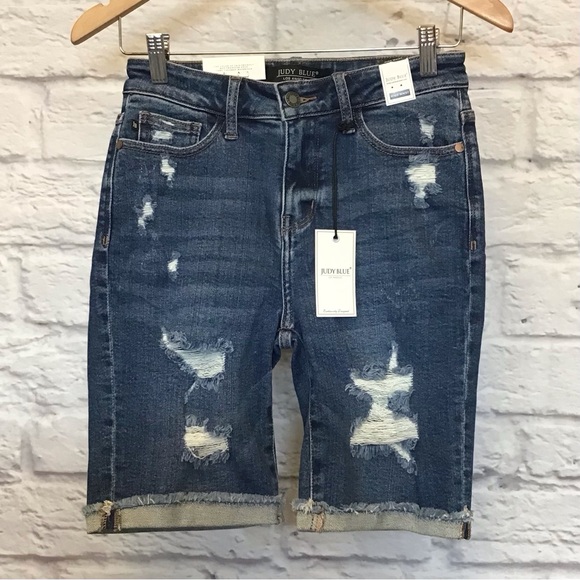 Judy Blue Small NWT Denim Bermuda Shorts High Waist Women’s Distressed JB150045 - Picture 2 of 9